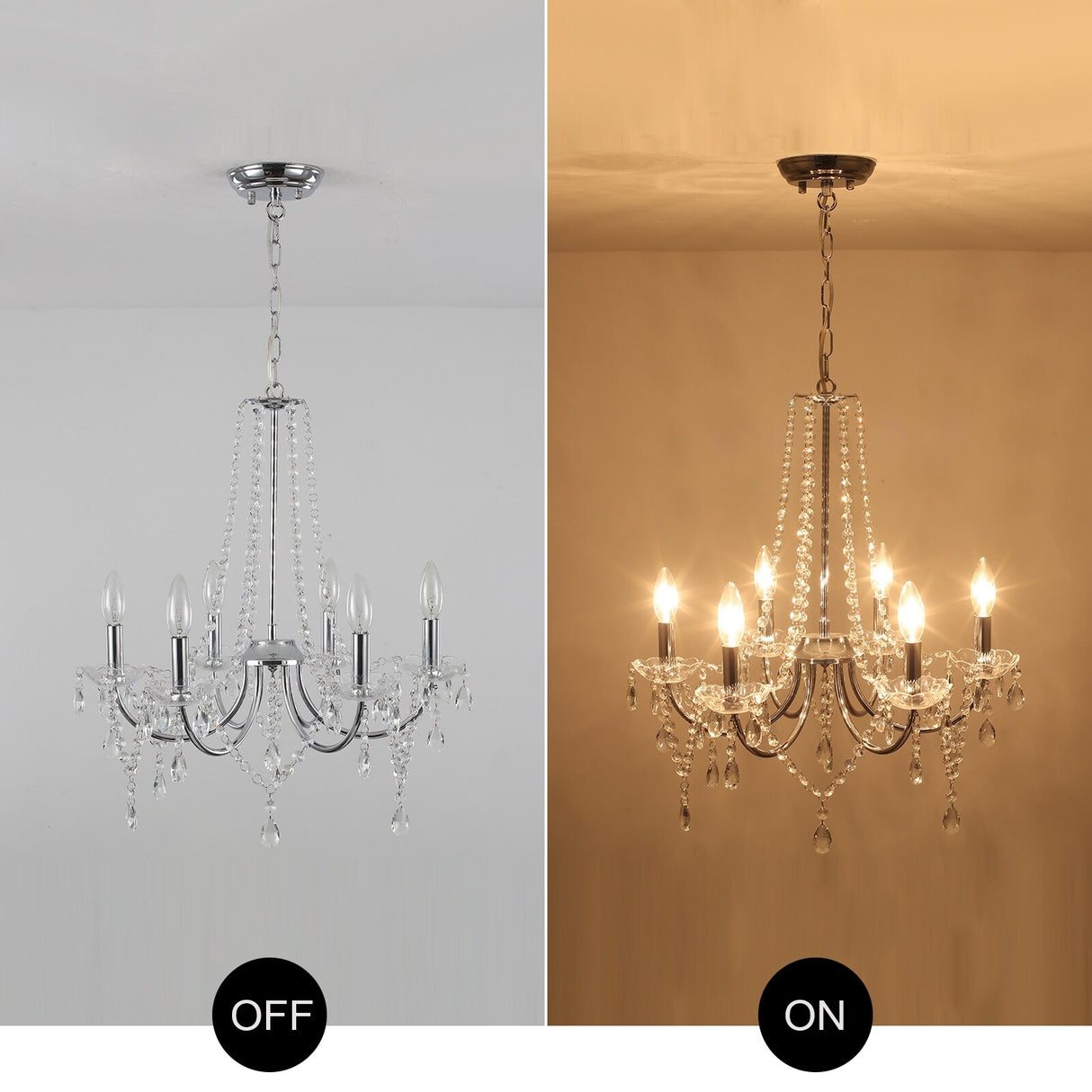 6-Light Farmhouse Crystal Chandelier, Candle Style Chandelier for Living Room Kitchen Island Dining Foyer