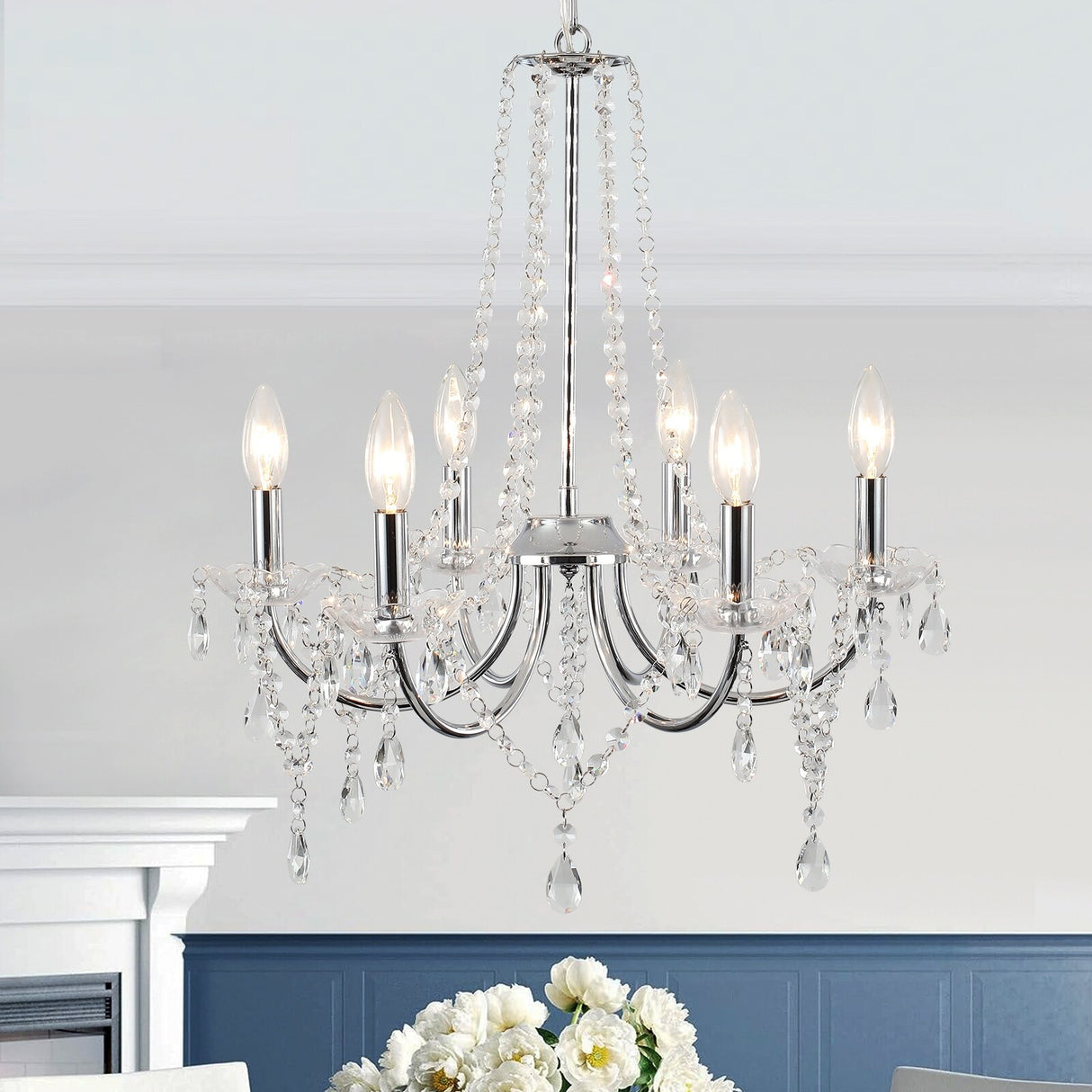 6-Light Farmhouse Crystal Chandelier, Candle Style Chandelier for Living Room Kitchen Island Dining Foyer