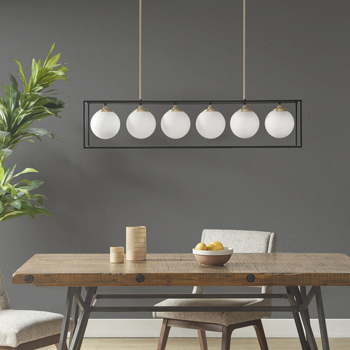 6-Light Modern Frosted Glass Globe Linear Chandelier for Dining Room