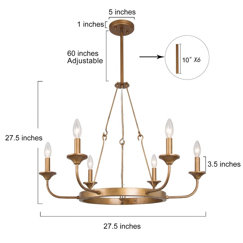Mid-Century Modern 6-Light Gold Wagon Wheel Chandelier for Dining Room - 27.5"D x 27.5"H