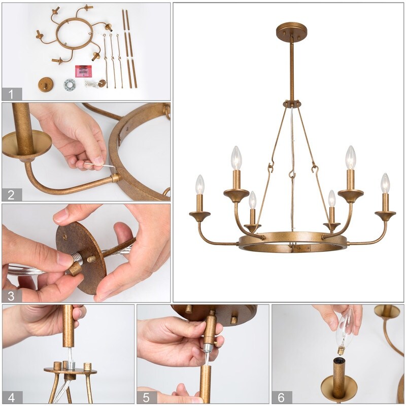 Mid-Century Modern 6-Light Gold Wagon Wheel Chandelier for Dining Room - 27.5"D x 27.5"H