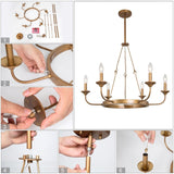 Mid-Century Modern 6-Light Gold Wagon Wheel Chandelier for Dining Room - 27.5"D x 27.5"H