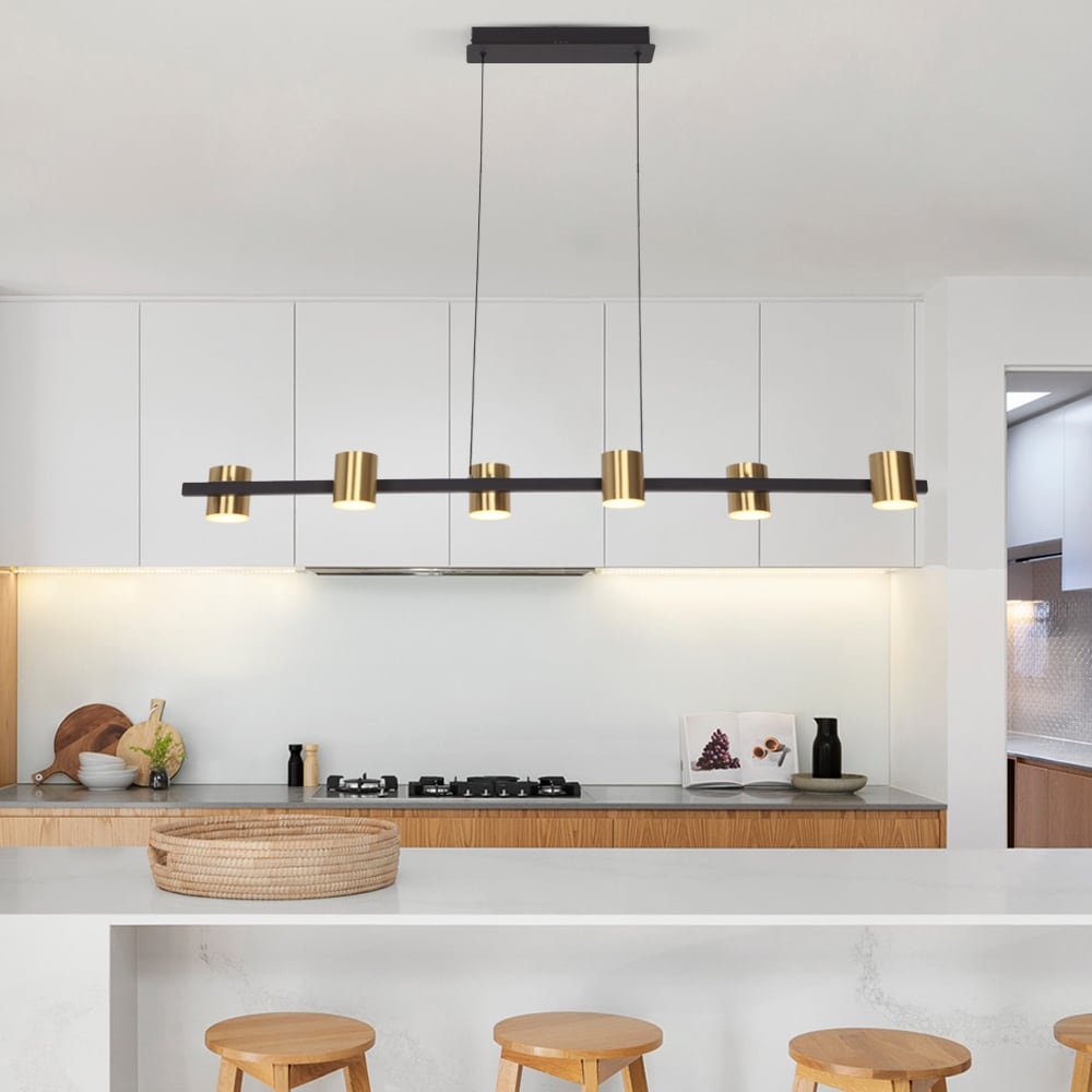 6-Light Modern Kitchen Island Linear Dimmable LED Pendant - Black+Brass