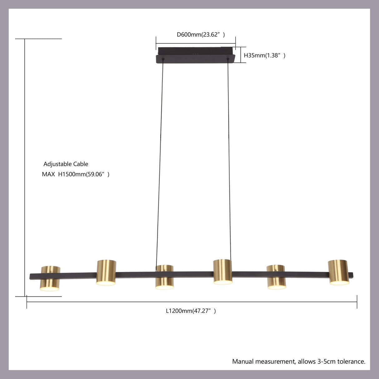 6-Light Modern Kitchen Island Linear Dimmable LED Pendant - Black+Brass