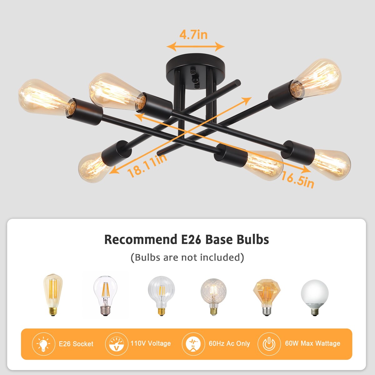 6-Light Sputnik Semi Flush Mount Ceiling Light with No Bulbs Included