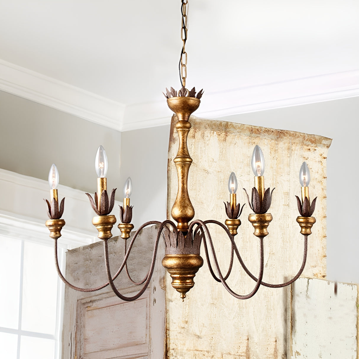 6-Lights French Country Farmhouse Chandelier, Rustic Arms Traditional Imitation Wood Finish