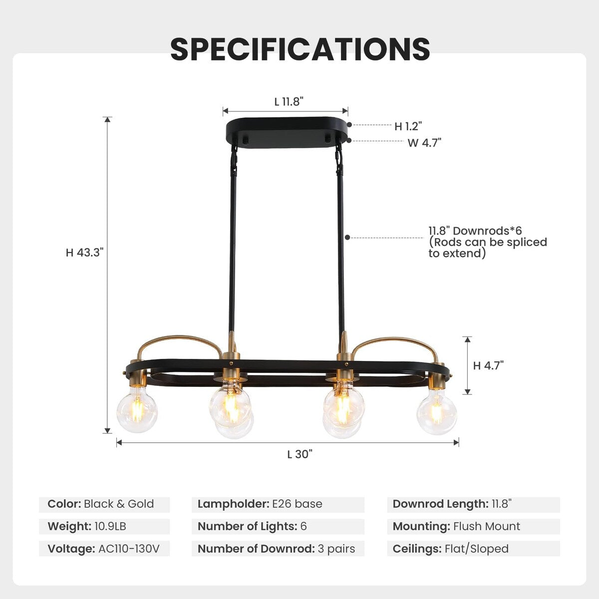 6 Lights Black And Gold Linear Chandelier For Kitchen Island- L30 in. - 30''-6 Lights