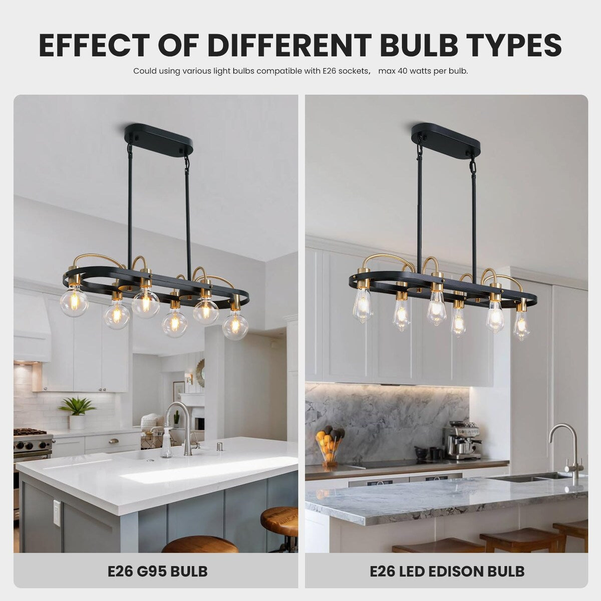 6 Lights Black And Gold Linear Chandelier For Kitchen Island- L30 in. - 30''-6 Lights