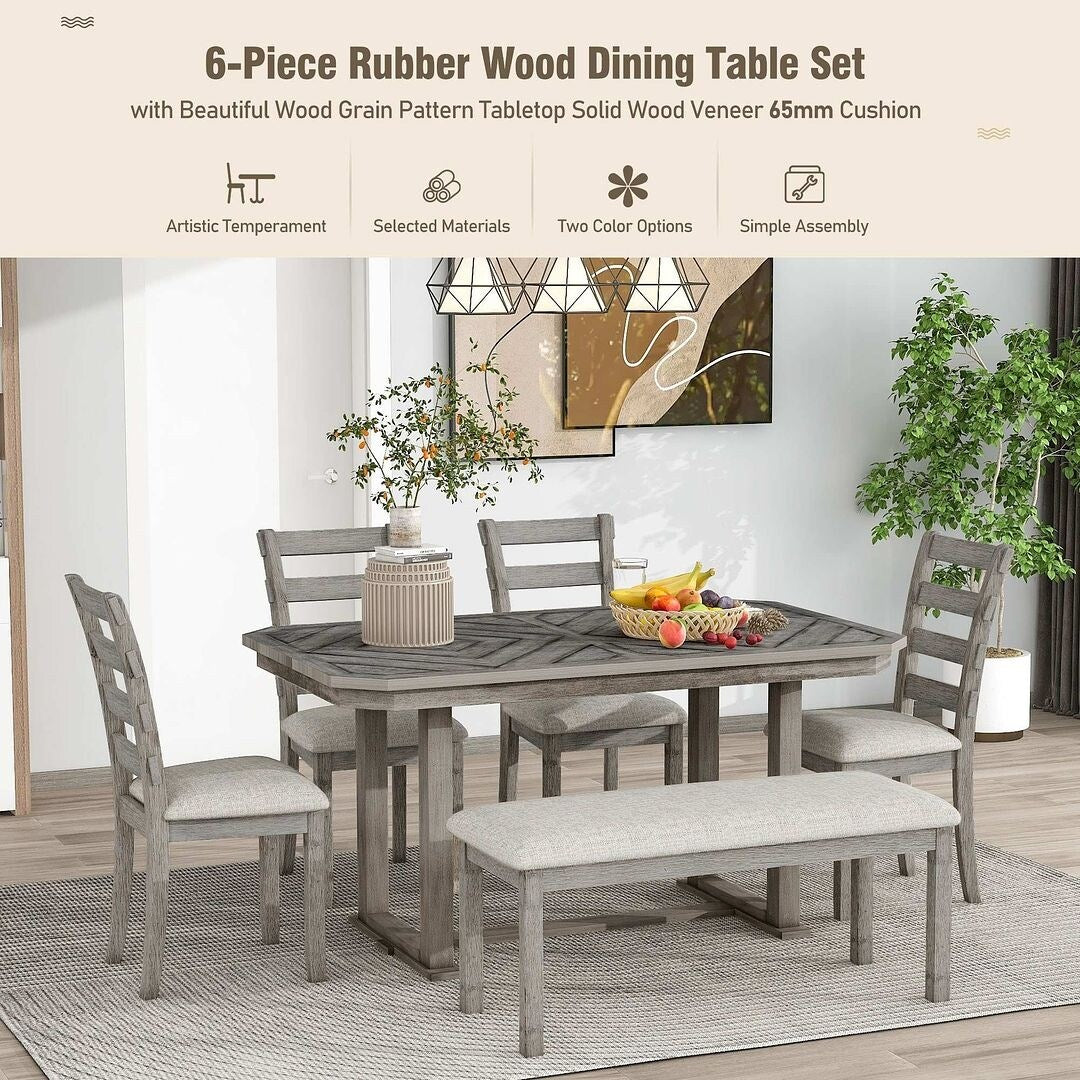 6 PCS Rubber Wood Dining Table Set for 6-Wood Grain Top, Solid Wood Veneer, and Cushioned Seats