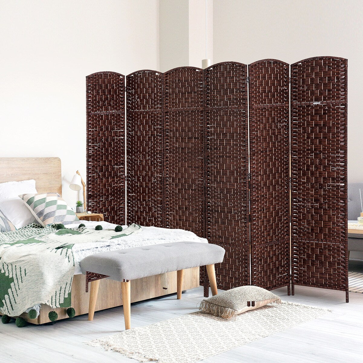 6-Panel Wicker Weave Folding Room Divider Privacy Screens