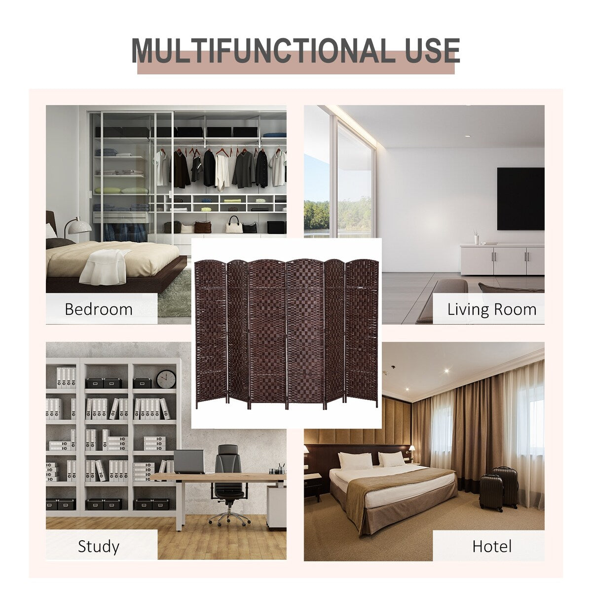 6-Panel Wicker Weave Folding Room Divider Privacy Screens
