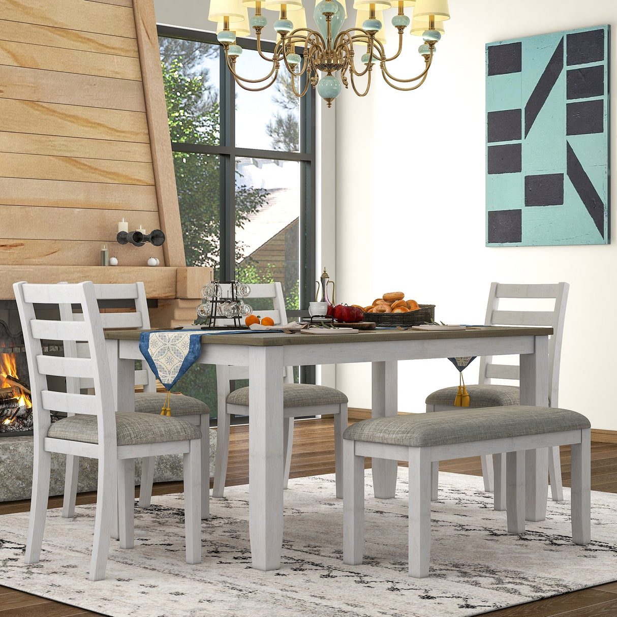 6-Piece Dining Room Table Set with 4 Chairs and a Bench