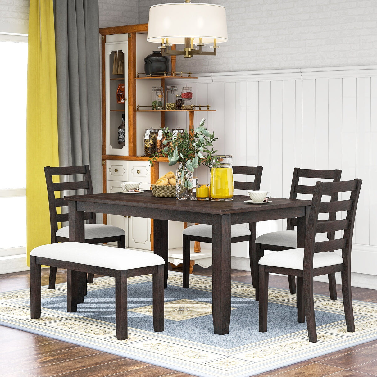6-Piece Dining Room Table Set with 4 Chairs and a Bench