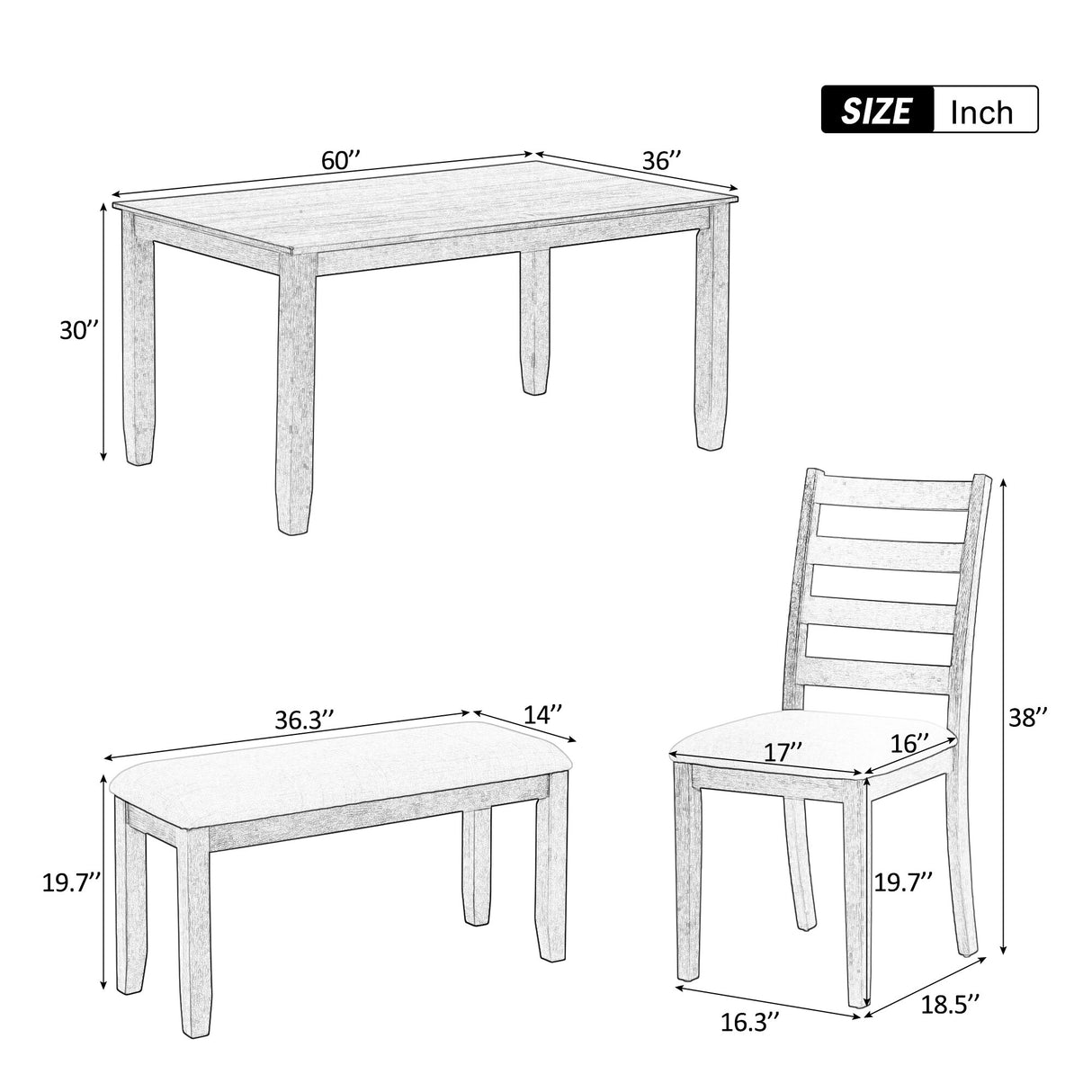 6-Piece Dining Room Table Set with 4 Chairs and a Bench