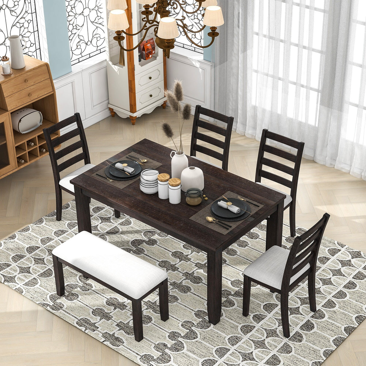 6-Piece Dining Room Table Set with 4 Chairs and a Bench