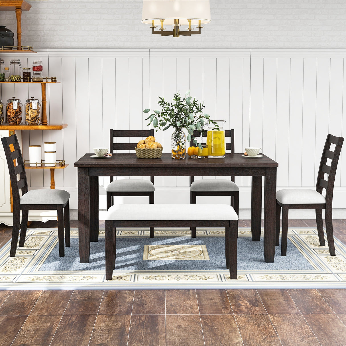 6-Piece Dining Room Table Set with 4 Chairs and a Bench