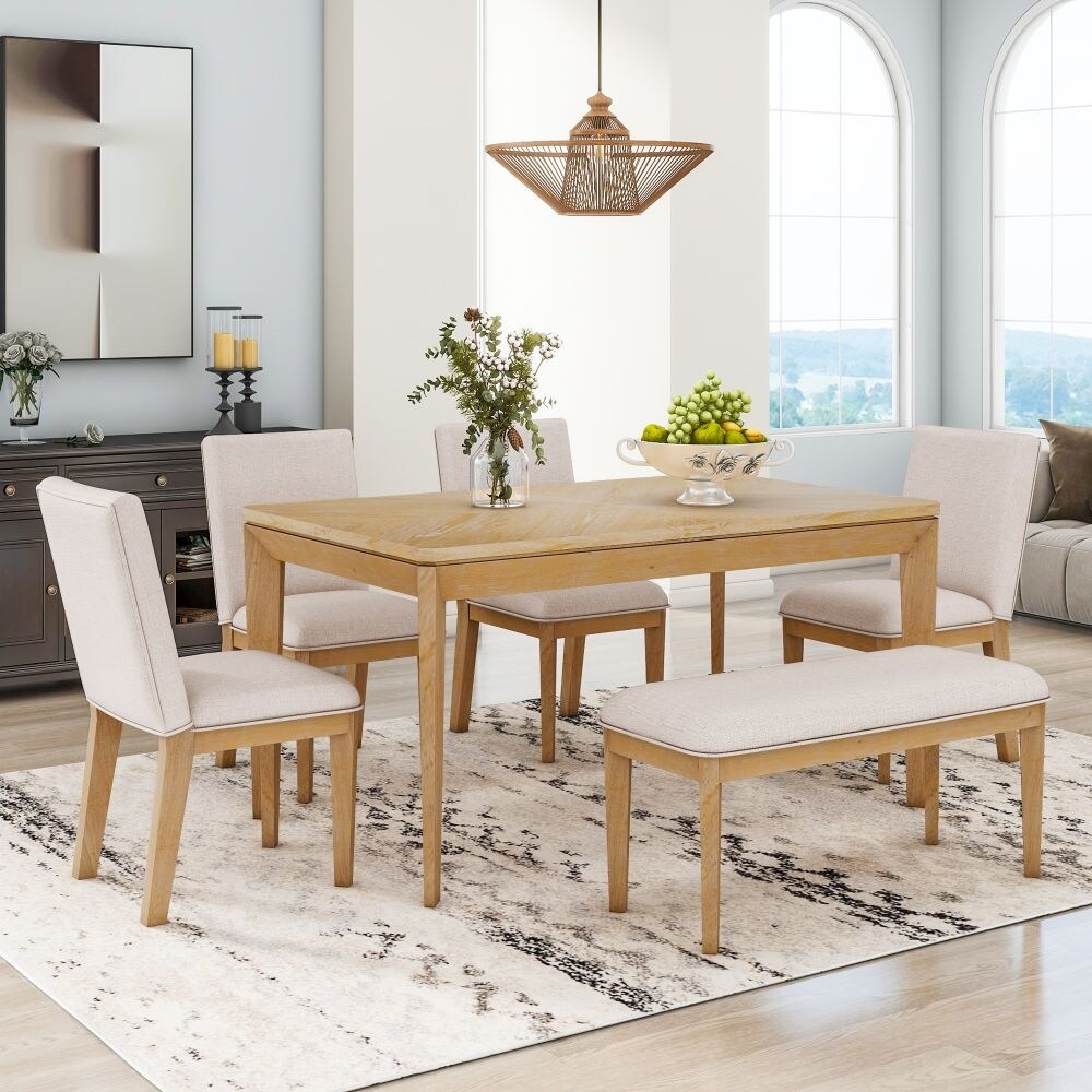 6-Piece Dining Table Set with Upholstered Dining Chairs and Bench,Farmhouse Style, Tapered Legs