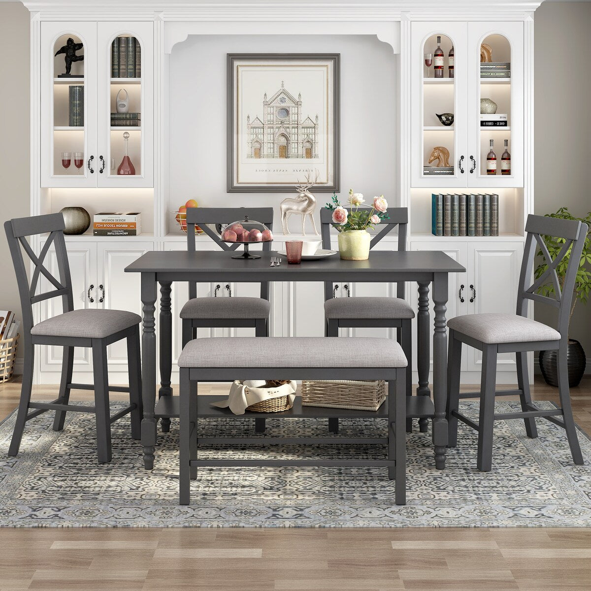 6-Piece Distressed Wood Storage Counter Height Dining Room Talbe Set