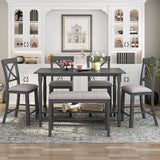 6-Piece Distressed Wood Storage Counter Height Dining Room Talbe Set