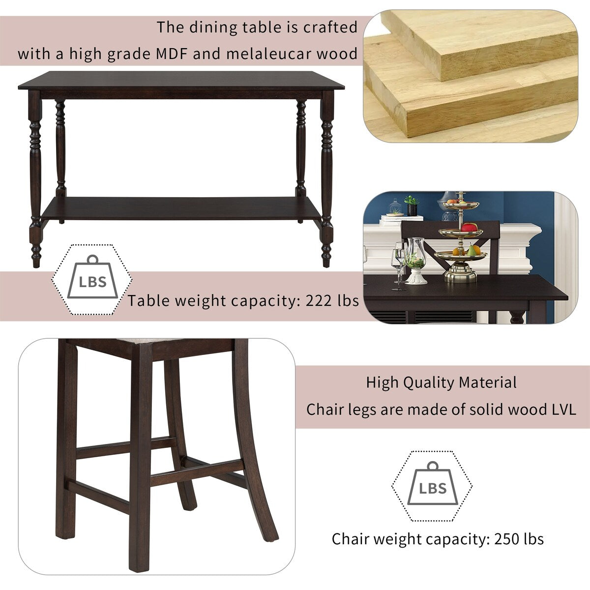 6-Piece Distressed Wood Storage Counter Height Dining Room Talbe Set