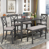 6-Piece Distressed Wood Storage Counter Height Dining Room Talbe Set