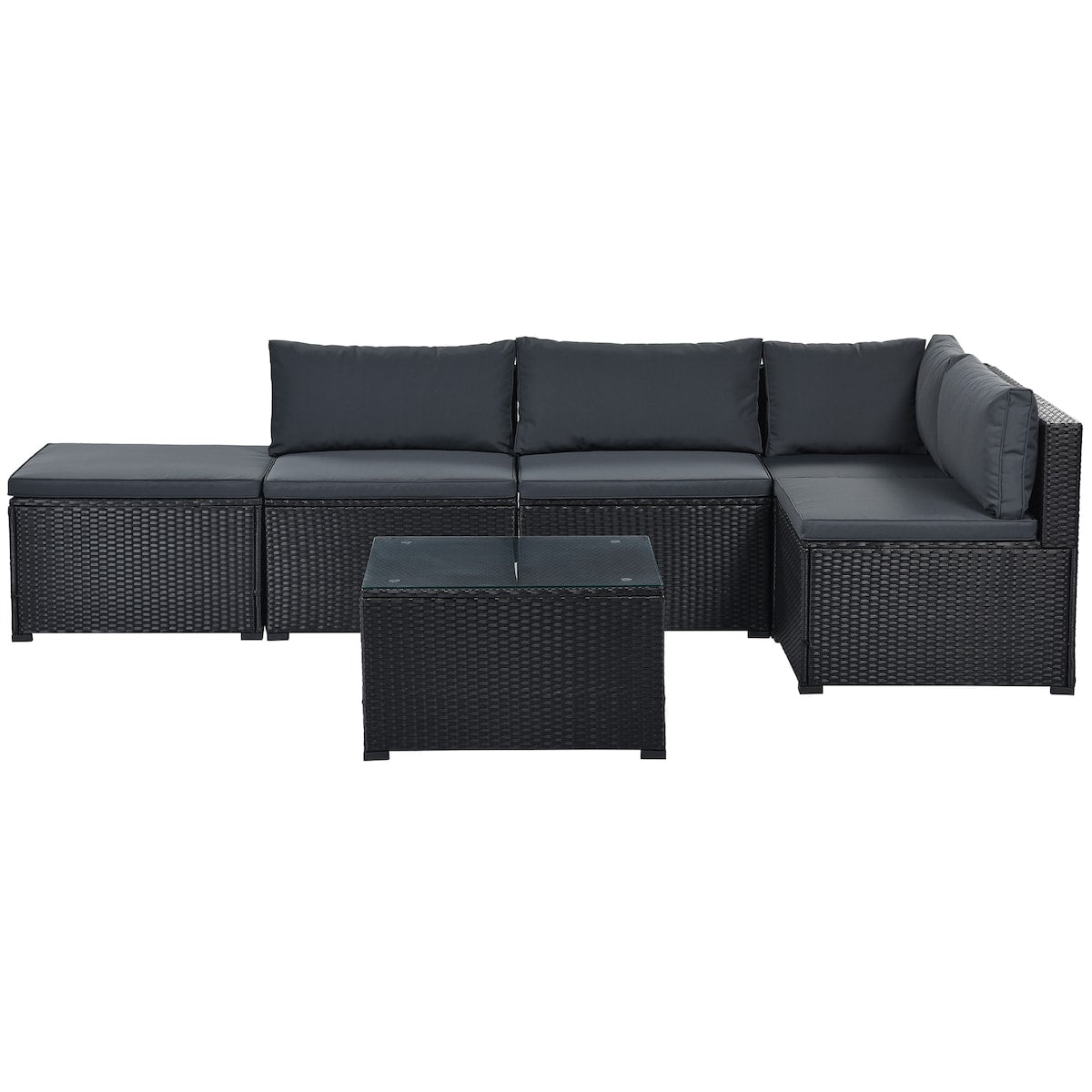 6-Piece Outdoor Furniture Set with PE Rattan Wicker, Patio Garden Sectional Sofa Chair, Removable Cushions and Rattan Table
