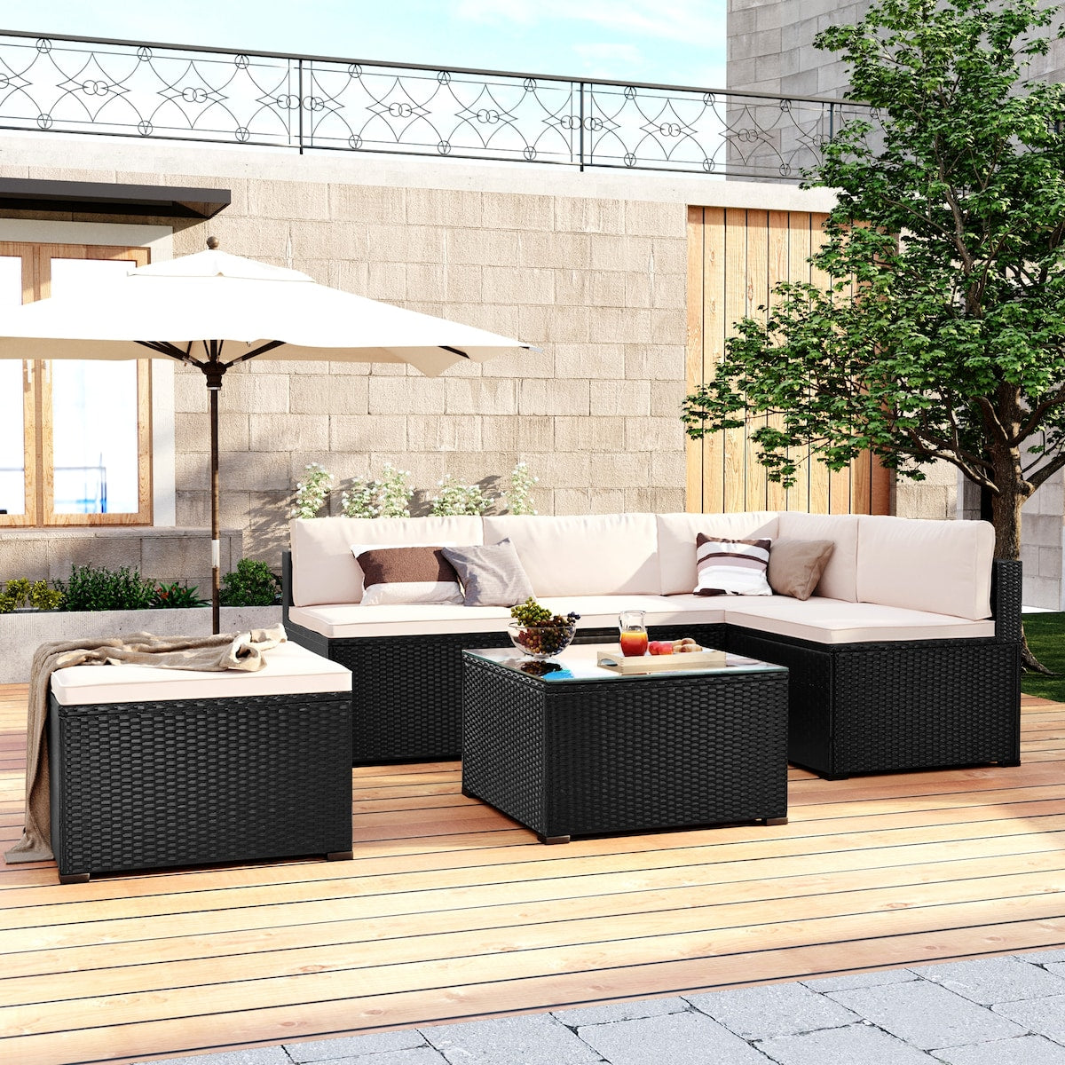 6-Piece Outdoor Furniture Set with PE Rattan Wicker, Patio Garden Sectional Sofa Chair, Removable Cushions and Rattan Table