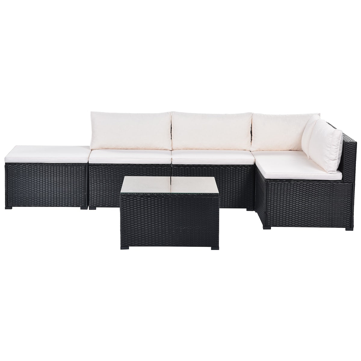 6-Piece Outdoor Furniture Set with PE Rattan Wicker, Patio Garden Sectional Sofa Chair, Removable Cushions and Rattan Table