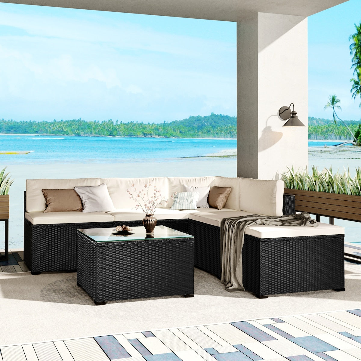 6-Piece Outdoor Furniture Set with PE Rattan Wicker, Patio Garden Sectional Sofa Chair, Removable Cushions and Rattan Table