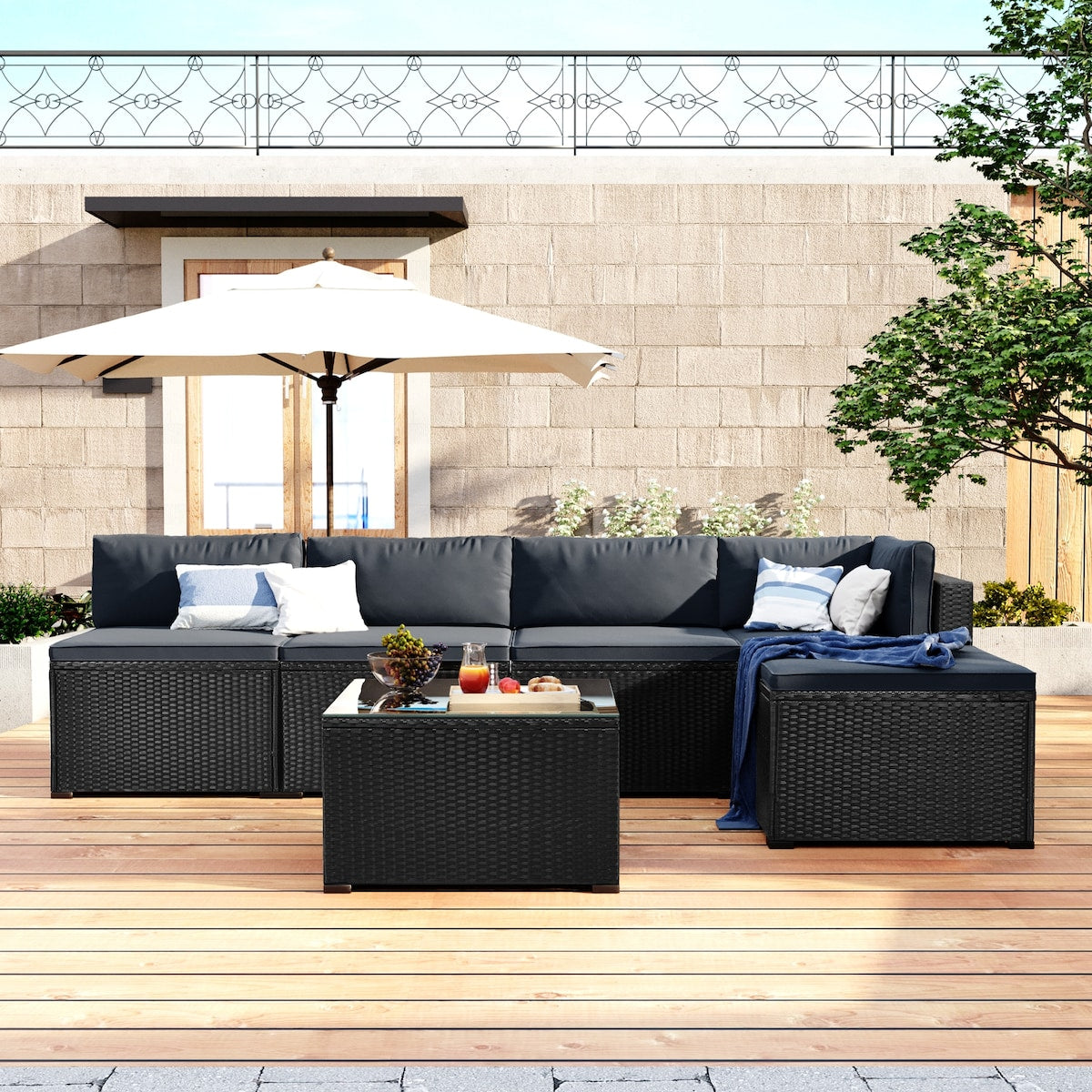 6-Piece Outdoor Furniture Set with PE Rattan Wicker, Patio Garden Sectional Sofa Chair, Removable Cushions and Rattan Table