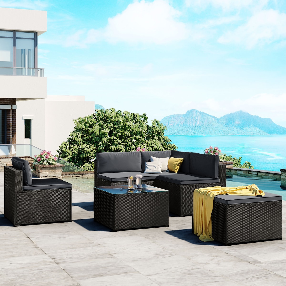 6-Piece Outdoor Furniture Set with PE Rattan Wicker, Patio Garden Sectional Sofa Chair, Removable Cushions and Rattan Table