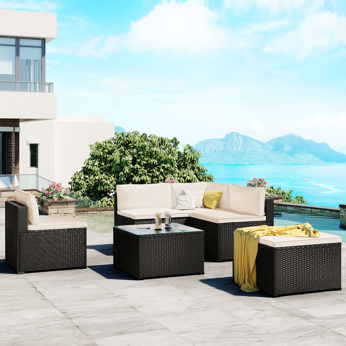 6-Piece Outdoor Furniture Set with PE Rattan Wicker, Patio Garden Sectional Sofa Chair, Removable Cushions and Rattan Table