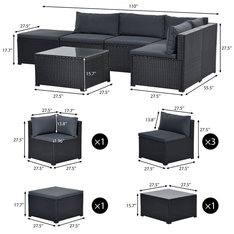 6-Piece Outdoor Furniture Set with PE Rattan Wicker, Patio Garden Sectional Sofa Chair, Removable Cushions and Rattan Table
