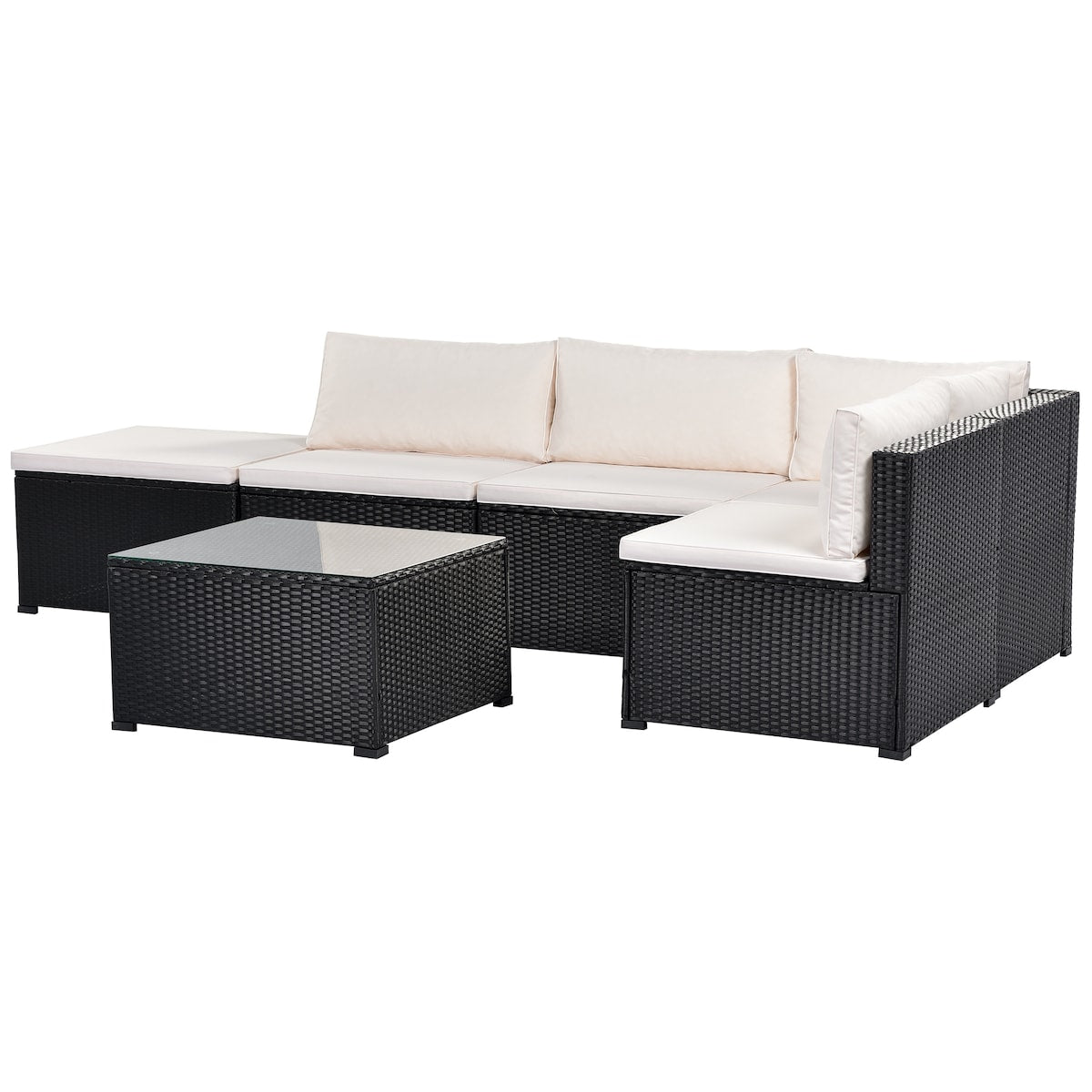6-Piece Outdoor Furniture Set with PE Rattan Wicker, Patio Garden Sectional Sofa Chair, Removable Cushions and Rattan Table