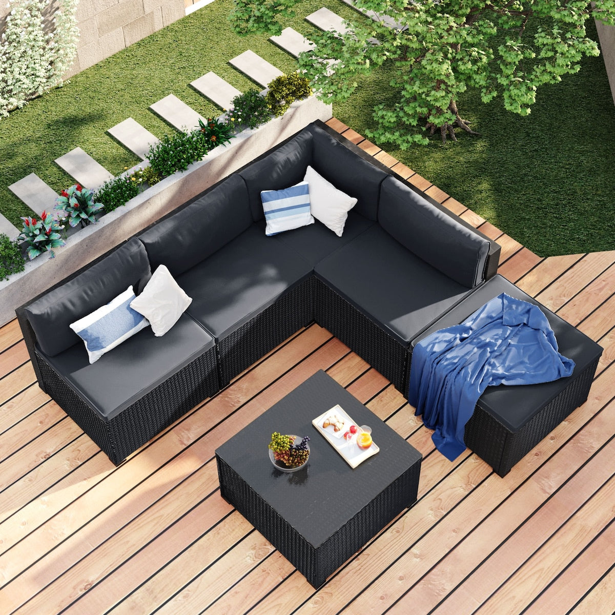 6-Piece Outdoor Furniture Set with PE Rattan Wicker, Patio Garden Sectional Sofa Chair, Removable Cushions and Rattan Table