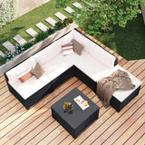 6-Piece Outdoor Furniture Set with PE Rattan Wicker, Patio Garden Sectional Sofa Chair, Removable Cushions and Rattan Table