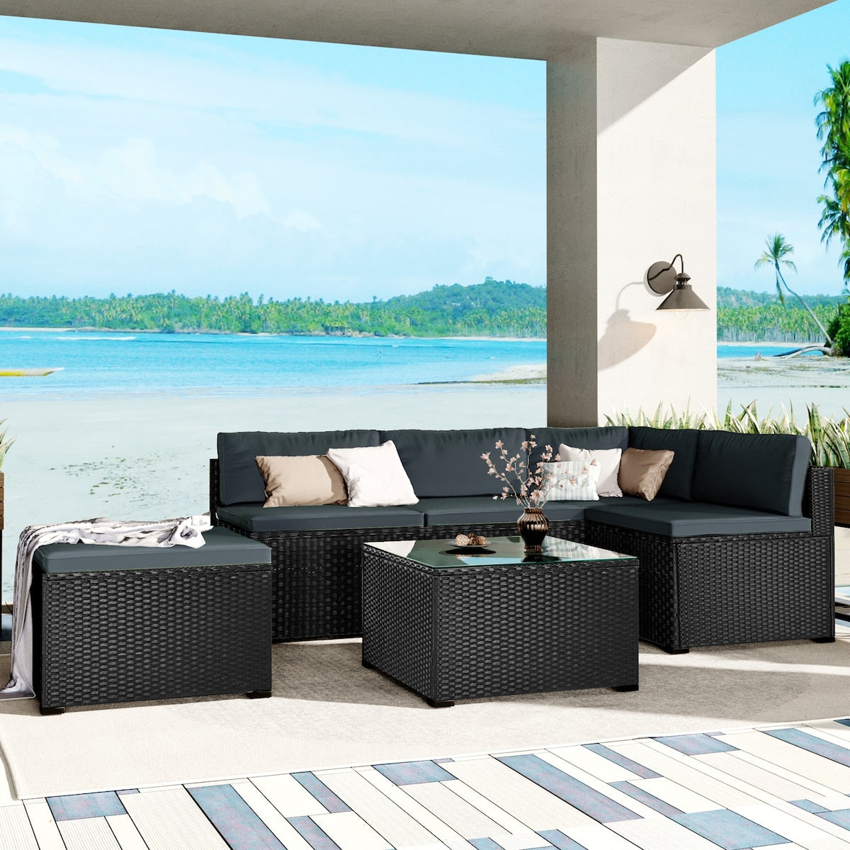 6-Piece Outdoor Furniture Set with PE Rattan Wicker, Patio Garden Sectional Sofa Chair, Removable Cushions and Rattan Table