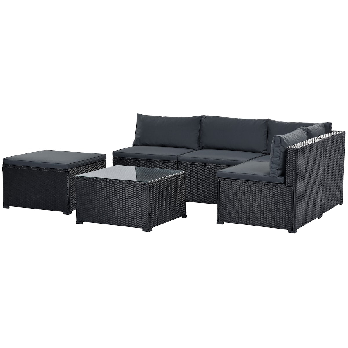 6-Piece Outdoor Furniture Set with PE Rattan Wicker, Patio Garden Sectional Sofa Chair, Removable Cushions and Rattan Table