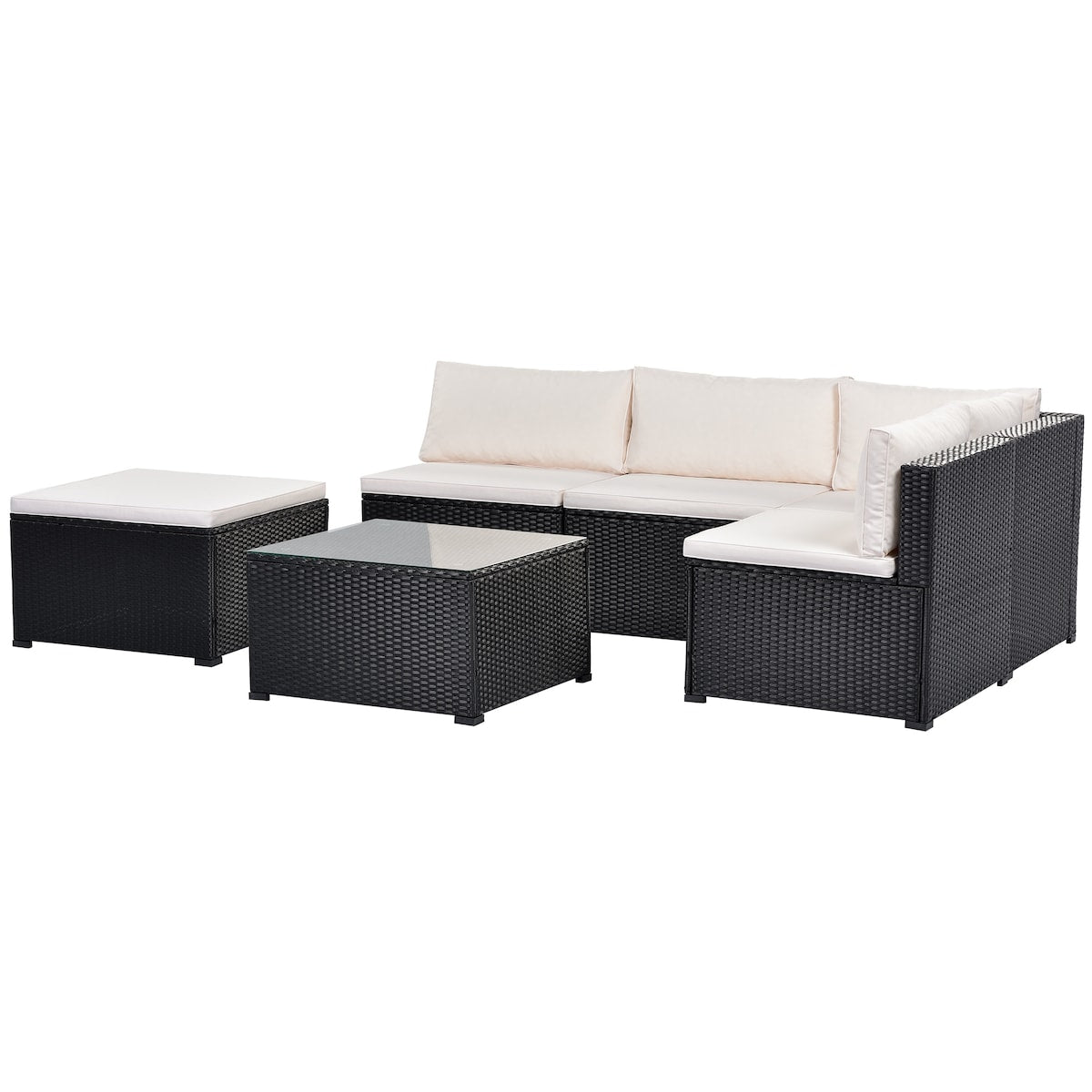 6-Piece Outdoor Furniture Set with PE Rattan Wicker, Patio Garden Sectional Sofa Chair, Removable Cushions and Rattan Table