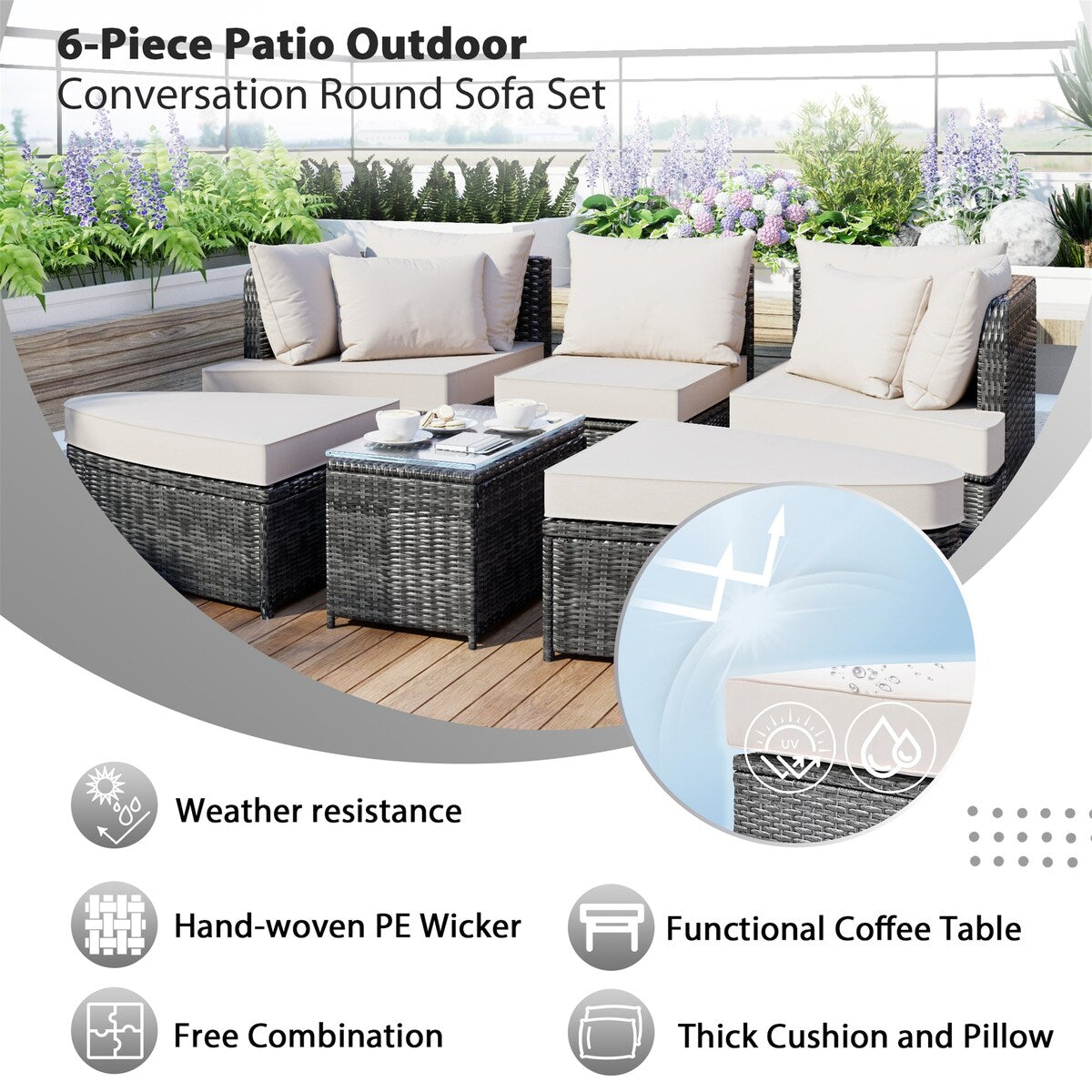 6-Piece Patio Outdoor Conversation Round Sofa Set
