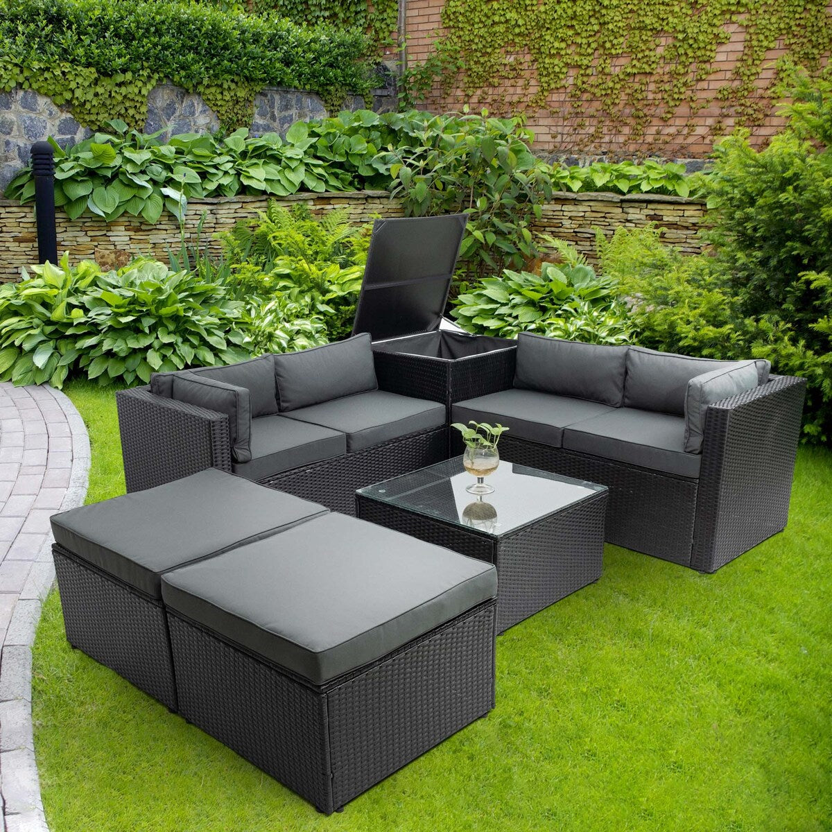 6 Piece Patio Rattan Furniture Conversation Sofa Set