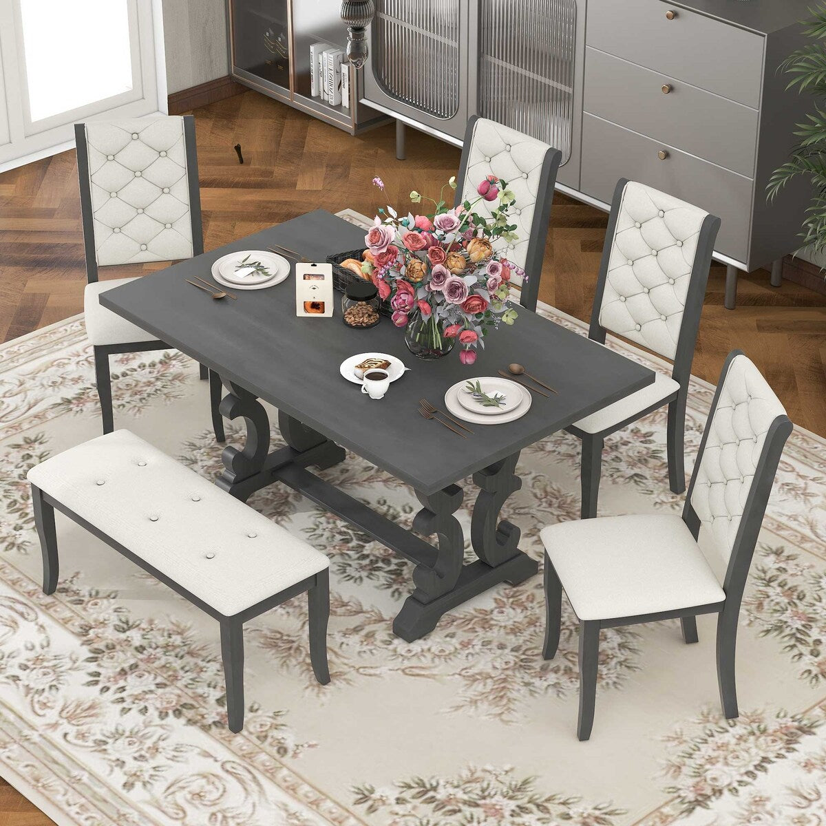 6-Piece Retro Dining Set With Unique-designed Table Legs and 4 Seat&1 Bench with Foam-covered