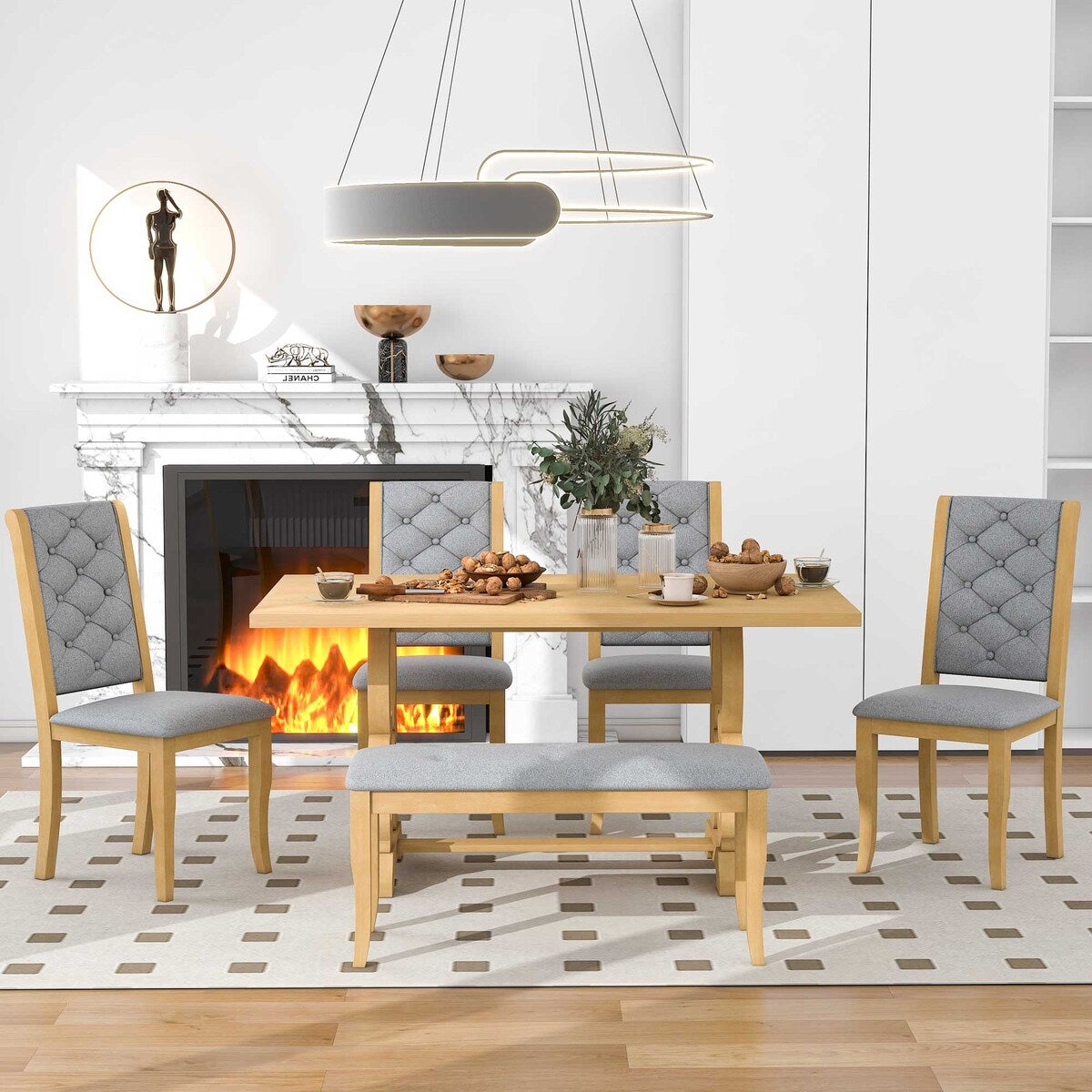 6-Piece Retro Dining Set With Unique-designed Table Legs and 4 Seat&1 Bench with Foam-covered