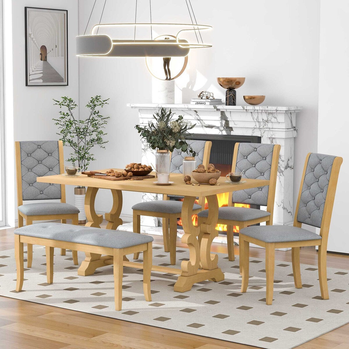 6-Piece Retro Dining Set With Unique-designed Table Legs and 4 Seat&1 Bench with Foam-covered