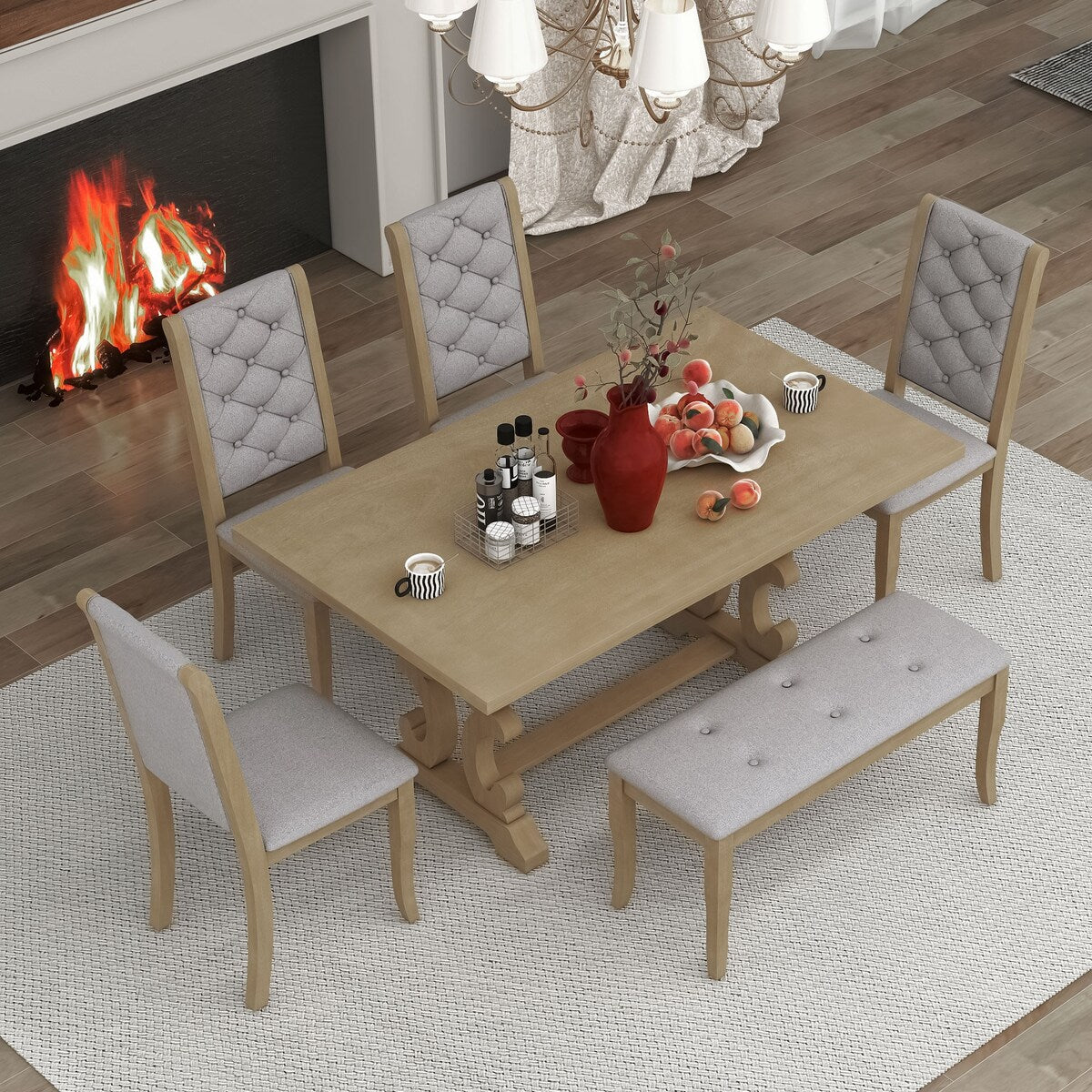6-Piece Retro Dining Set With Unique-designed Table Legs and 4 Seat&1 Bench with Foam-covered