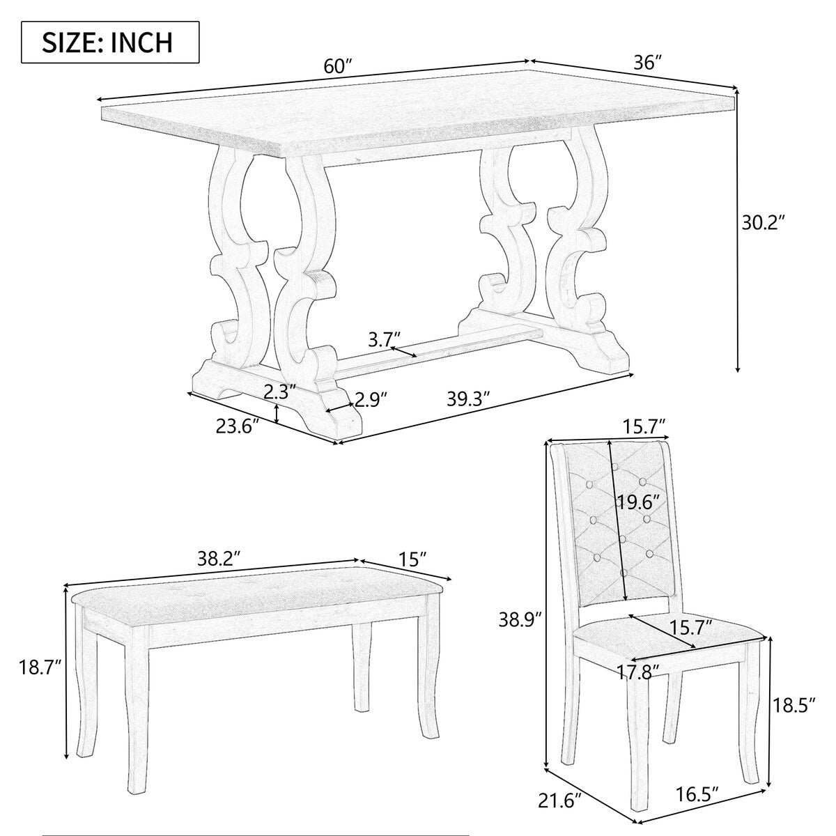 6-Piece Retro Dining Set With Unique-designed Table Legs and 4 Seat&1 Bench with Foam-covered