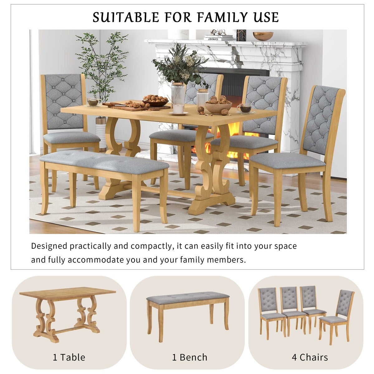 6-Piece Retro Dining Set With Unique-designed Table Legs and 4 Seat&1 Bench with Foam-covered