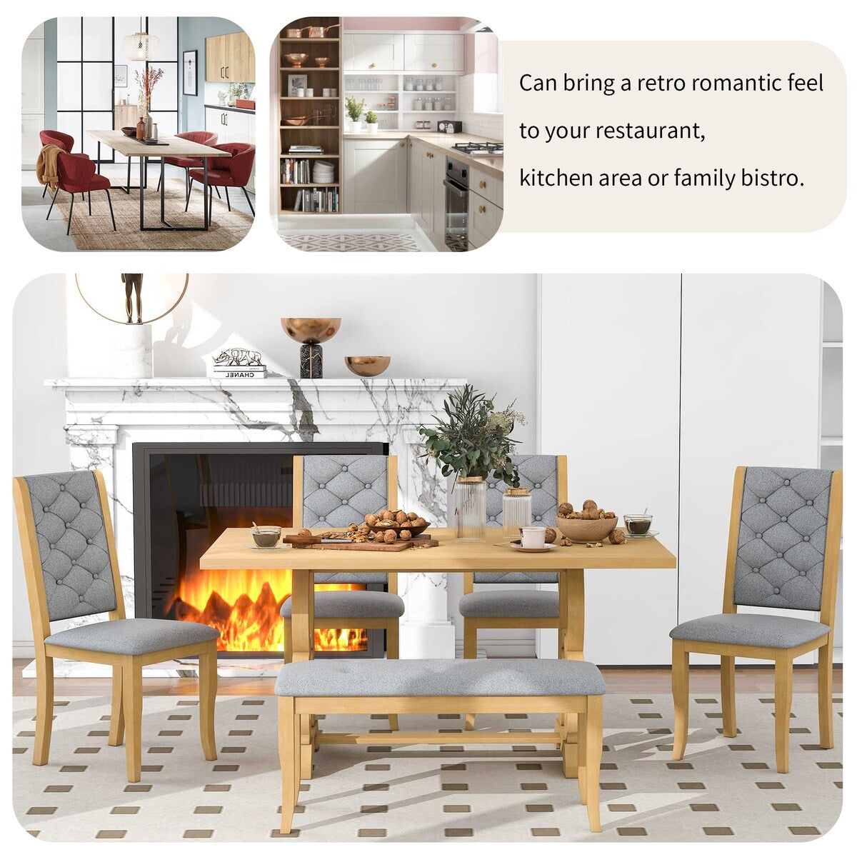 6-Piece Retro Dining Set With Unique-designed Table Legs and 4 Seat&1 Bench with Foam-covered