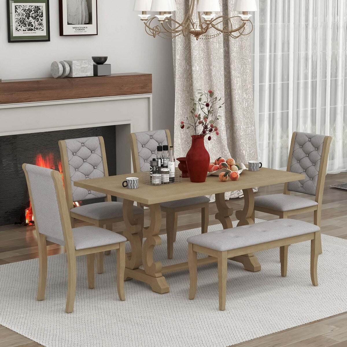 6-Piece Retro Dining Set With Unique-designed Table Legs and 4 Seat&1 Bench with Foam-covered