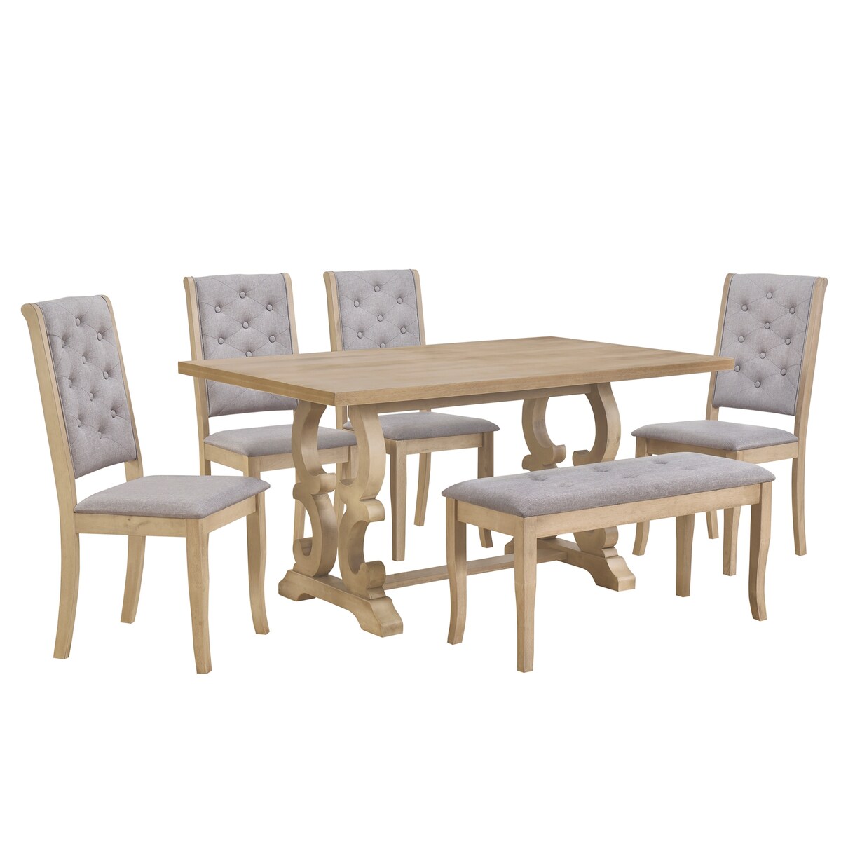 6-Piece Retro Dining Set With Unique-designed Table Legs and 4 Seat&1 Bench with Foam-covered